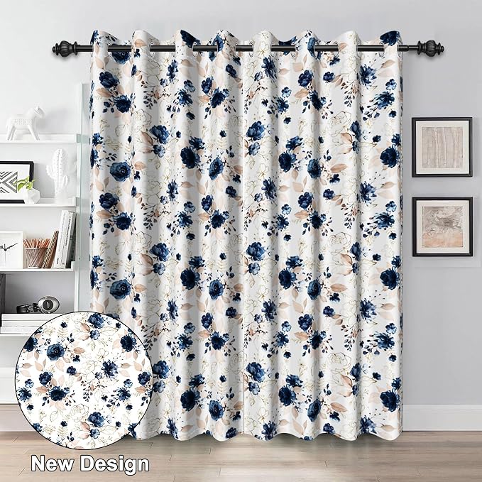 Renaiss Blue Floral Blackout Curtains, Flowers Pattern Thermal Insulated Window Curtains & Drapes for Bedroom 53W x 96L inches Long 2 Panel Set for Living Room Noise Reducing Decorative Curtains