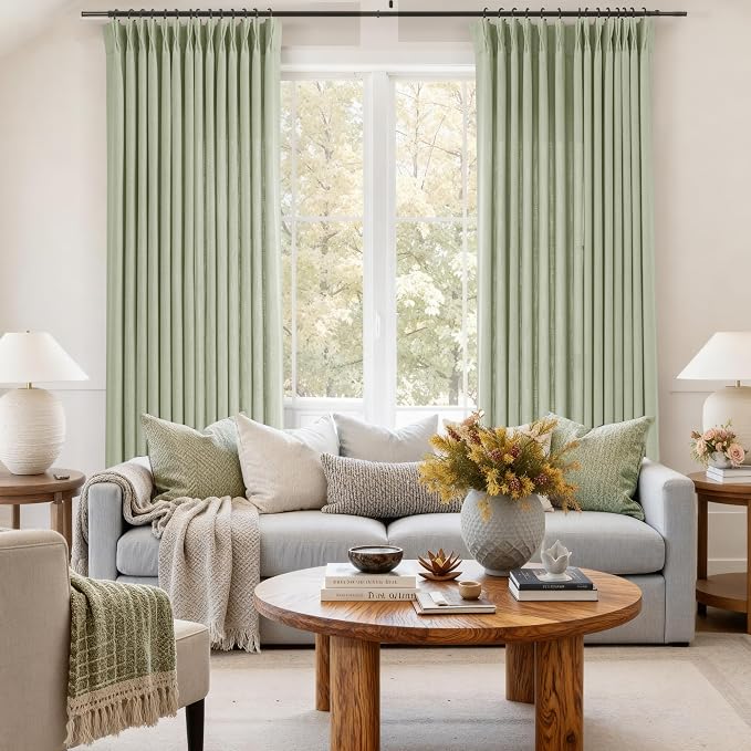 Sage Green Pinch Pleated Curtains 84 inch Long for Living Room 2 Panel Set Back Tab Light Fitering Semi Sheer Light Green Linen Curtain with Pleat Hooks Rustic Farmhouse Sage Drapes Ceiling Length 84"