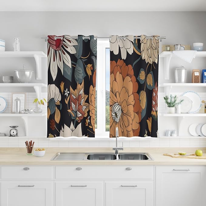Tyrot Black Boho Floral 100% Blackout Curtains 45 Inch Long 2 Panels Mid Century Modern Botanical Grommet Thermal Insulated Room Darkening Black Out Window Drapes for Kitchen, 52Wx45L