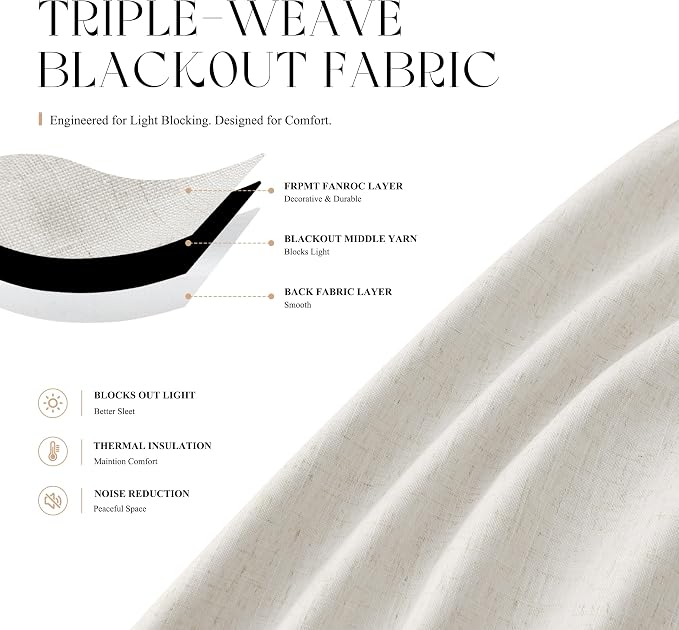 Jowels Beige White Linen Blackout Curtains 102 Length 2 Panels Set for Living Room Bedroom, 100% Black Out Thermal Insulated Linen Drapes, Room Darkening Grommet Curtains 102 Inches Long