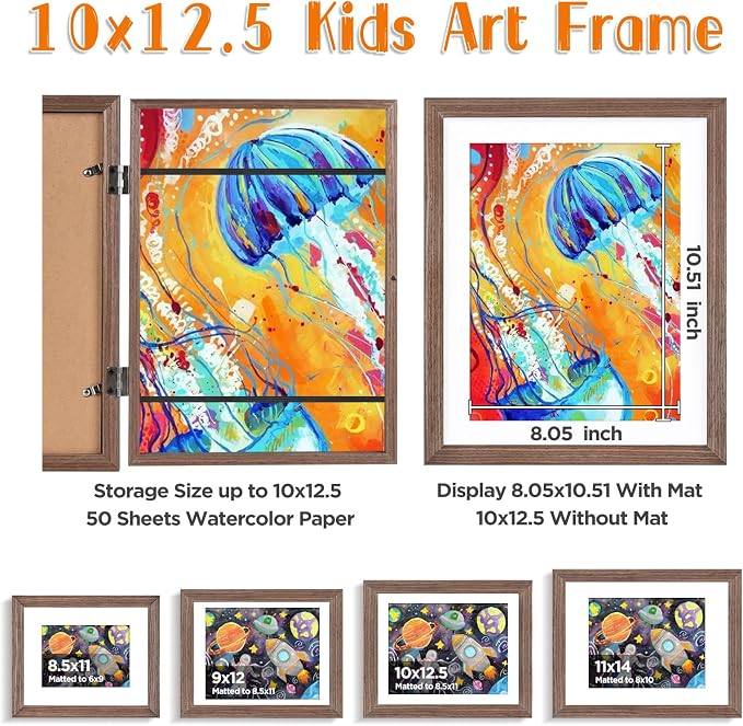 KINLINK 10x12.5 Kids Art Frame 2 Pack, Solid Wood Artwork Frames Changeable, Front Opening Hold 150 Pictures, Art Frames for Kids Artwork, 8.5x11 with Mat 10x12.5 without Mat, Picture Frames Brown Wood