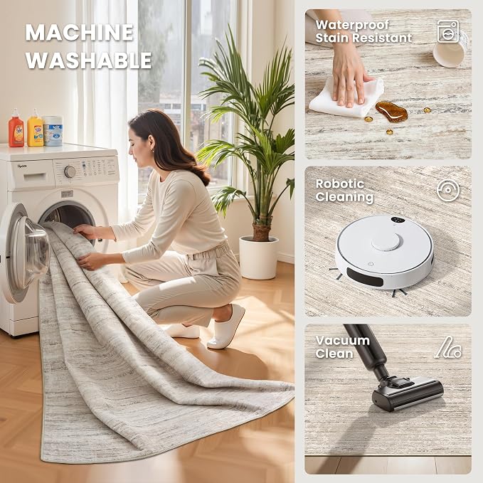 zesthome Washable Rug 8x10, Stain Resistant 8x10 Area Rugs for Living Room, Non Slip Backing Abstract Rugs for Bedroom, Folable Machine Washable Area Rug (Beige,8'x10')