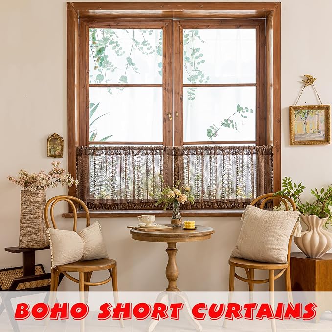 Sutuo Home Dark Coffee Boho Short Curtains Valance for Kitchen Window Curtains Over Sink, Caramel Lace Sheer Closet Crochet Privacy Farmhouse Vintage Chic Tassels Rod Pocket,2 Panels 50" W x 18" L
