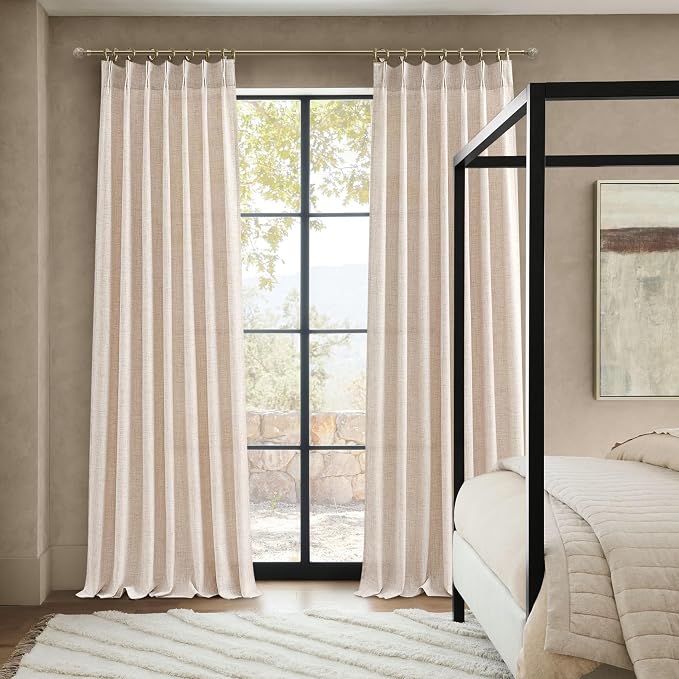 Pinch Pleat Linen Sheer Curtains 90 Inches Long for Living Room, Elegant Boho Thick Burlap Pleated Memory Trained Viral Curtain Kid Room/Office 2 Panel Set Light Filtering Privacy 90 Inch Length Taupe