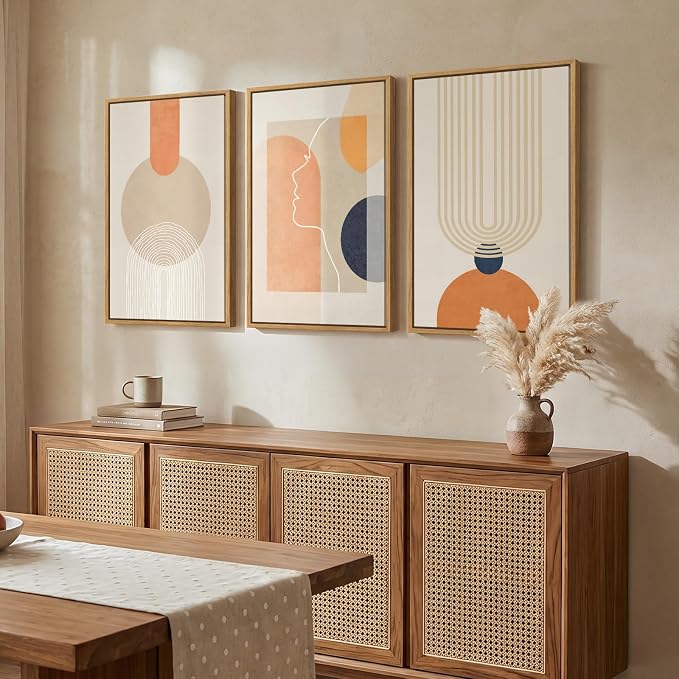 3 Piece Framed Abstract Boho Canvas Wall Art for Living Room, Large Mid Century Modern Geometric Line Prints Paintings, Neutral Minimalist Beige Orange Artwork Decor for Bedroom Entryway, 16x24 Inch