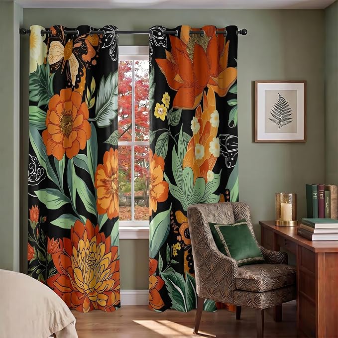 Orange Boho Floral Blackout Curtain, Mid Century Vintage Flower Botanical Curtains, Dark Aesthetic Art Grommet Drapes 2 Panels, Farmhouse Bedroom Living Room Decor 52X84 Inch