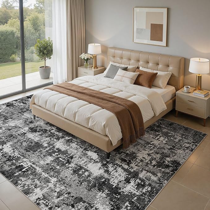 5x7 Area Rug Living Room Rugs: Washable Large Soft Abstract Modern Neutral Rug Stain Resistant & Non-Slip Low-Pile Carpet for Bedroom Dining Nursery Home Office Room Decor - Black