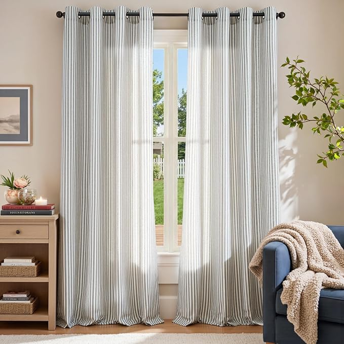 jinchan Linen Curtains 96 inch Blue Stripe on Beige Grommet 2 Panels | Curtains for Living Room Bedroom,Ticking Stripe Pattern,Pinstripe Farmhouse Rustic,Window Treatment,Light Filtering