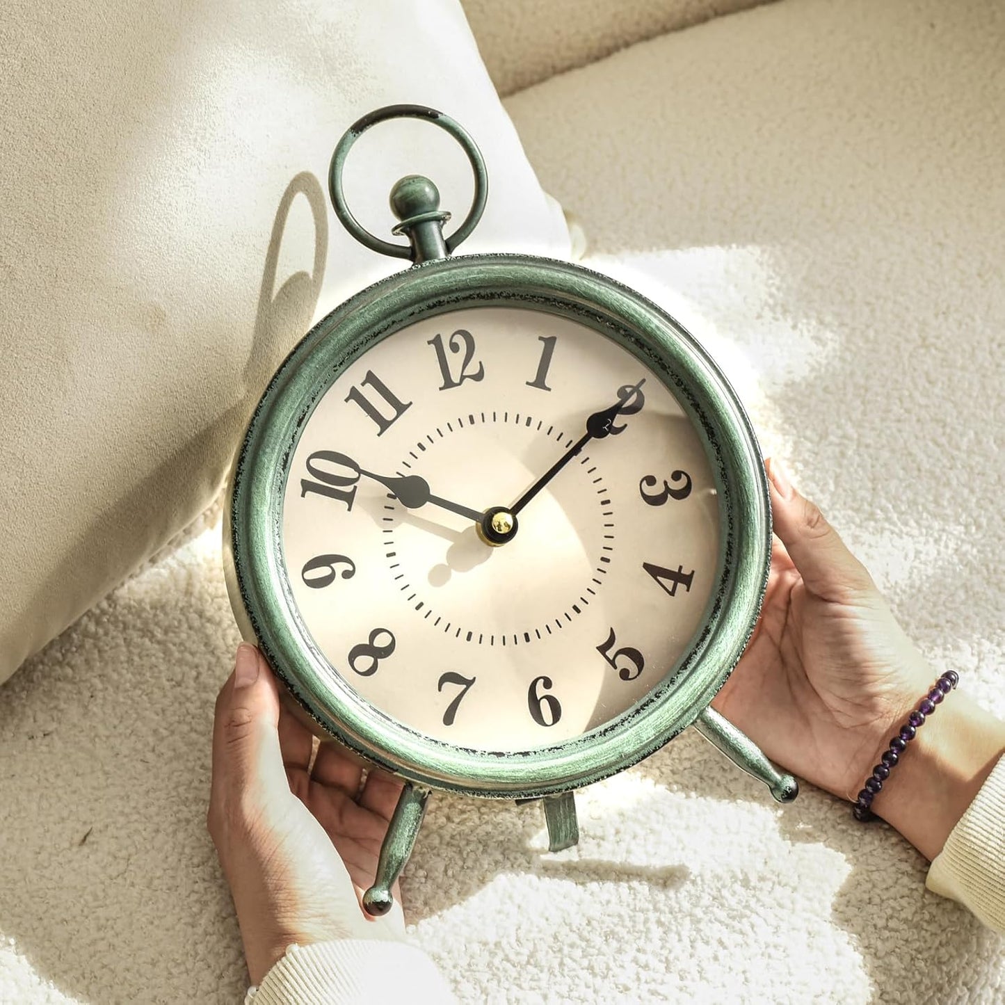 EMAX Home Vintage Green Rustic Retro Table Clock, Silent Non-Ticking, Battery Operated, 10.5"H, 7.28"W, Green Dial, Tabletop, Indoor, Kitchen