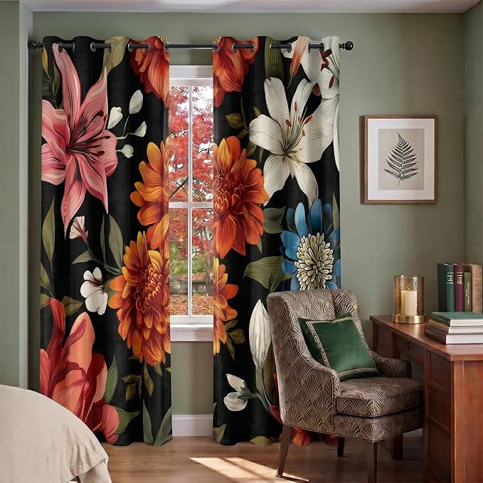 Black Boho Floral Blackout Curtains Mid Century Vintage Botanical Flower Patterned Room Darkening Thermal Insulated Curtains 2 Panels Set, Window Curtain for Bedroom Living Room Decor 52X84 Inch