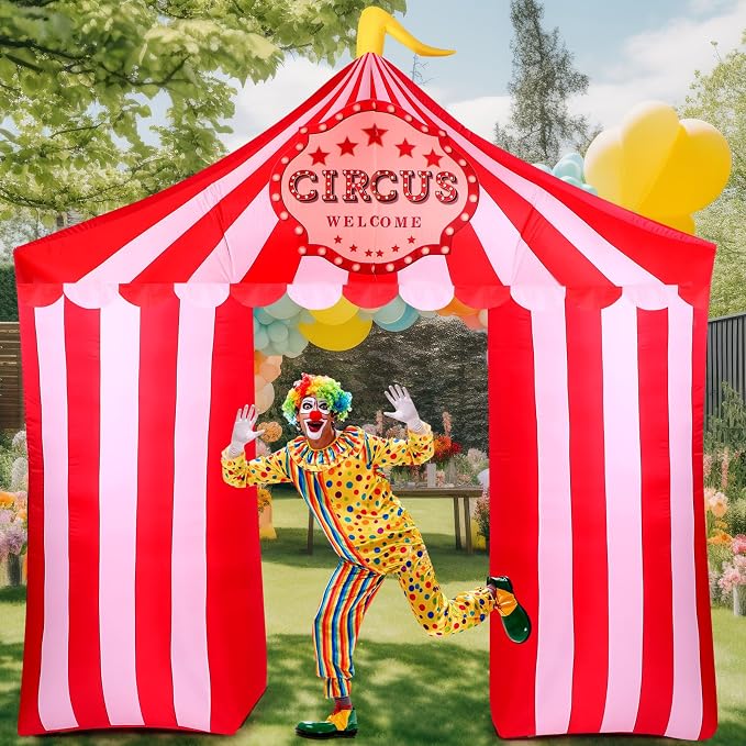 Preboun 10ft/3.05m Circus Carnival Party Decoration Large Circus Inflatables Tent Blow up Archway Built in LED Lights for Carnival Birthday Party Summer Holiday Yard Garden Outdoor Decor