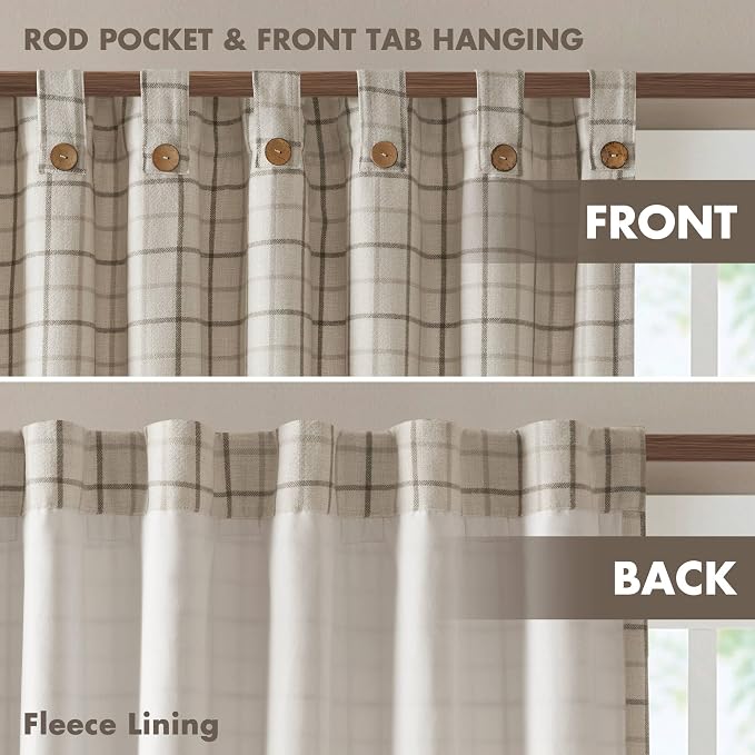 Madison Park Anaheim Cabin Plaid Curtain Window, Thermal Insulated Fleece Lining, Living Room Decor Room Darkening Drape for Bedroom, 1-Single Panel Pack, 50x95, Rod Pocket & Front Tab, Neutral