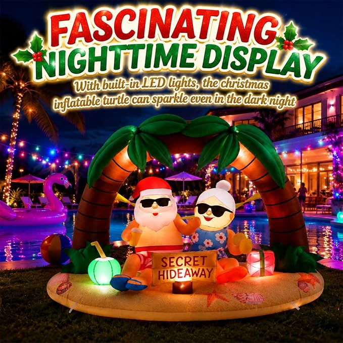 Leyndo Christmas in July Inflatable, 7 ft Christmas Inflatables Santa and Mrs. Claus Secret Ornament Built-in LED Xmas Blow up Yard Decorations for Island Holiday Beach Party Supplies