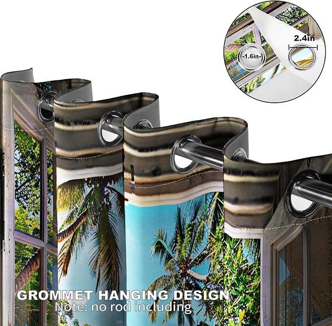Ocean Beach Seaside Blackout Curtains Coast Palm Tree Sunshine Mountain Curtain Blue Sky White Clouds Summer Decor Women Men Girls Boys Bedroom Room Darkening Grommet Window Drapes 2 Panels, 42"x63"