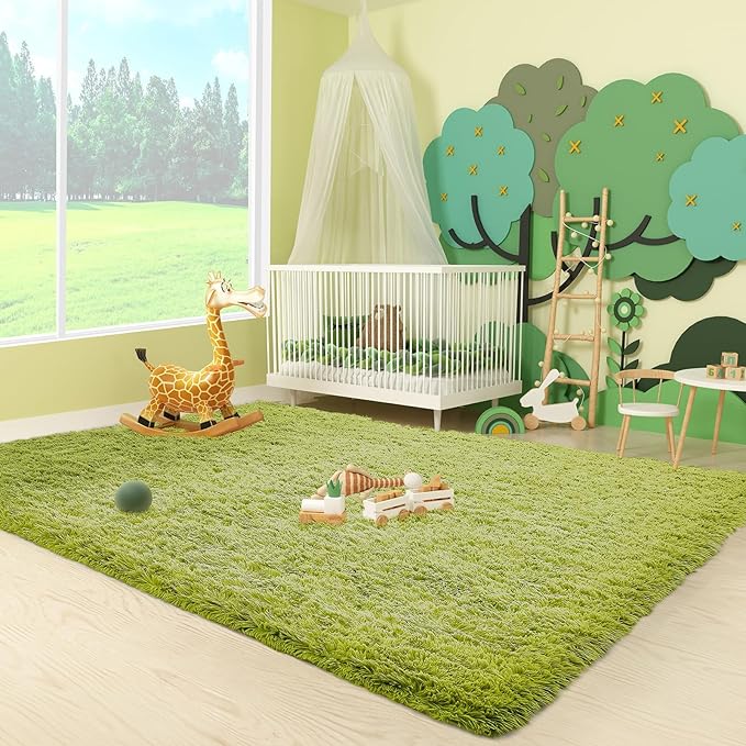 Ophanie Green Grass Area Rugs for Bedroom, 3x5 Shag Fluffy Carpet, Fuzzy Furry Plush Soft Cute Kids Baby Girls Shaggy Bedside Floor Rug for Teen Nursery Decor Aesthetic with Over 99 pcs Pile fibers