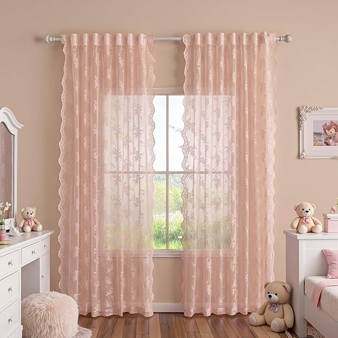 MEETSKY Pink Lace Curtains 96 Inch Length Set of 2 Vintage Victorian French Pretty Elegant for Girls Room Light Filtering Privacy Protect Rod Pocket Sheer Drapes, 50" W Each Panel, Light Pink