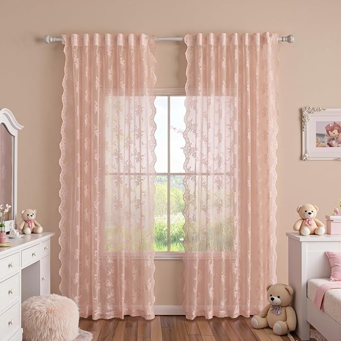 MEETSKY Pink Floral Lace Curtains 72 Inches Long Vintage Victorian French Princess Elegant Light Filtering Drapes Rod Pocket for Girls Room, 50"x72", 2 Panels