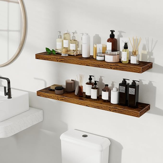 Fun Memories Floating Shelves for Wall, 36 Inch Long Set of 2 Rustic Wood Wall Shelves with Invisible Brackets, Heavy Duty Storage Display for Living Room Bedroom Kitchen, Brown
