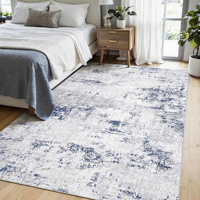Area Rugs 5x7 Living Room: Large Modern Abstract Washable Rug Soft Anti-Skid Non-Shedding Carpet Indoor Floor Thin Carpets for Bedroom Dining Room Farmhouse Nursery Home Office Night Blue Grey
