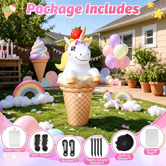 5FT Inflatable Unicorn with Ice Cream Cone for Summer Outdoor Decorations, Giant Blow Up Ice Cream Built-in LED Lights for Sweet Candy Theme Girls Birthday Party, Beach Pool Yard Garden Photo Backdrop
