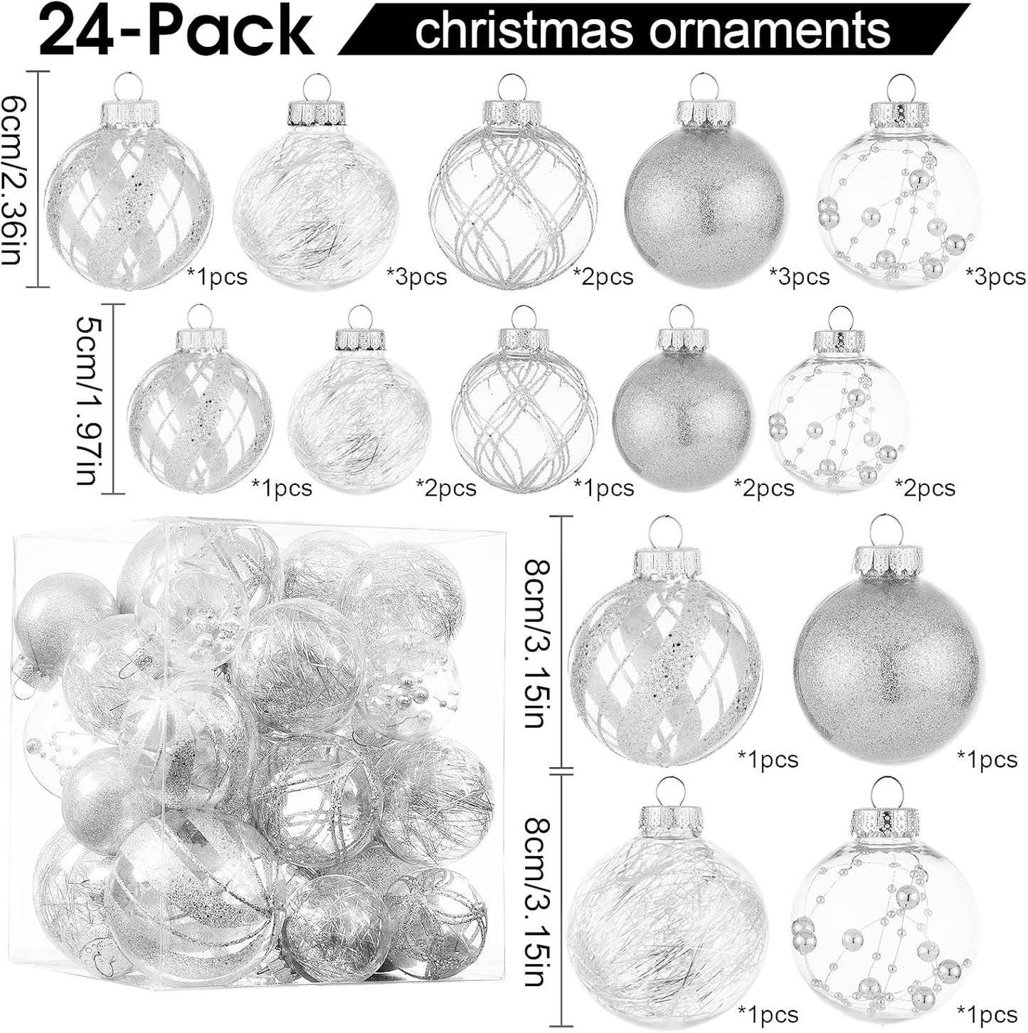 Clear Christmas Ball Ornaments,24ct Shatterproof Plastic Decorative Christmas Ornaments Hanging Xmas Tree Baubles Set with Stuffed Delicate Glittering Decorations for Holiday Party Home Decor (Silver)