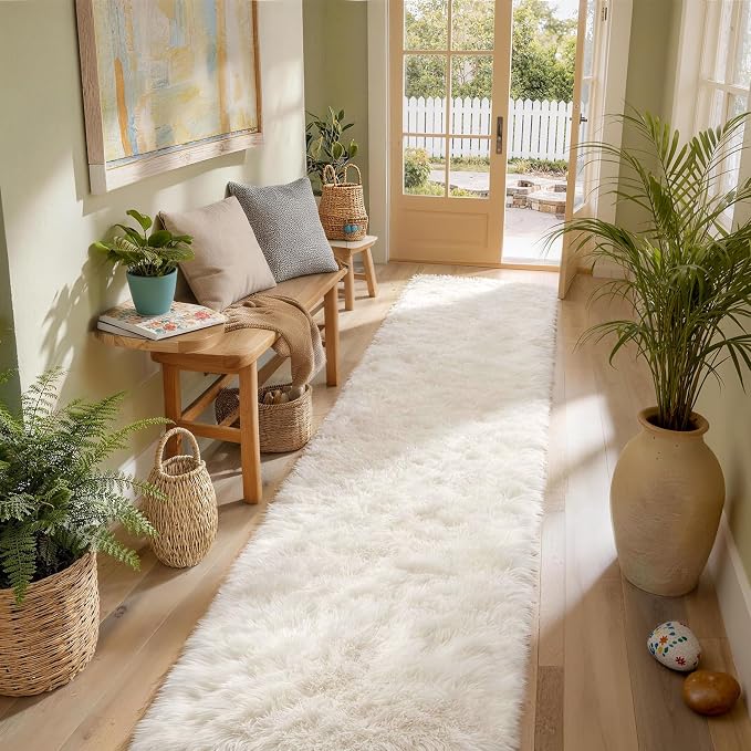 Ophanie Runner Rug for Hallway,2.5x12 Washable Non-Slip Fluffy Soft Bedside Rugs,Bedroom Living Room Shaggy Carpet for Kids Girls Boys Dorm Nursery Decor Aesthetic,Ivory with Over 99 pcs Pile fibers