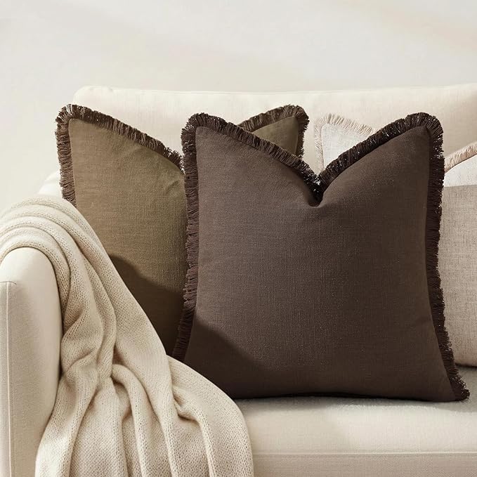 decorUhome Linen Fringe Euro Sham Throw Pillow Covers Set of 2 Decorative Chocolate Pillow Covers with Tassels Soft Accent Boho Farmhouse Pillow Cases for Couch Bed Sofa 24x24 Inch