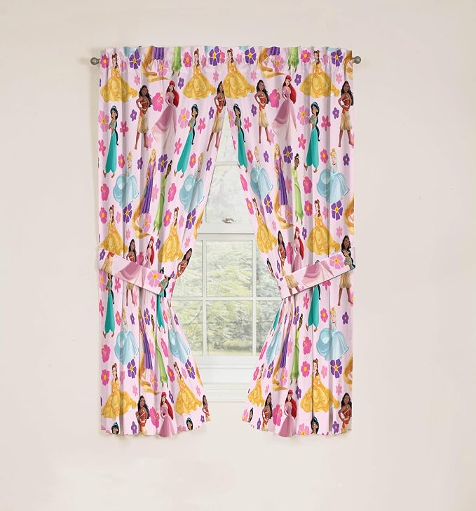 Jay Franco Window Curtains for Kids Bedroom 4-Piece Drape Set with 2 Tiebacks, Pink - Disney Princess, 42" W x 63" L (Pack of 2)
