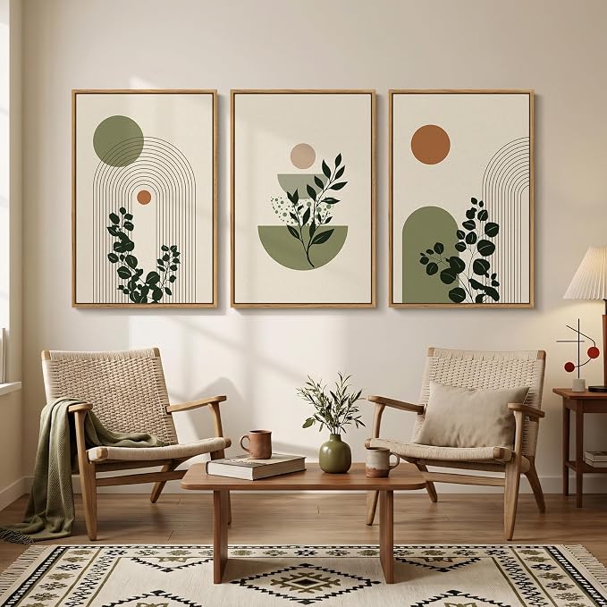 3 Piece Large Framed Abstract Boho Wall Art for Living Room, Minimalist Green Beige Canvas Artwork for Walls, Botanical Sage Green Plant Prints Paintings for Bedroom Dining Room 20x30 Inch