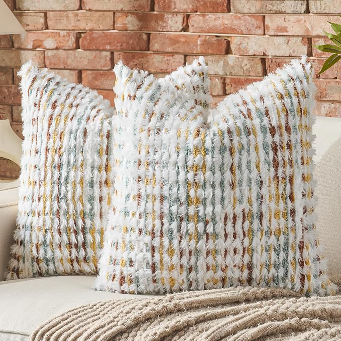 AmHoo Set of 2 Boho Chenille Pillow Cover Decorative Tufted Pillowcase for Couch Bed Sofa Bedroom Living Room Modern 20 x 20-Inch Brown White