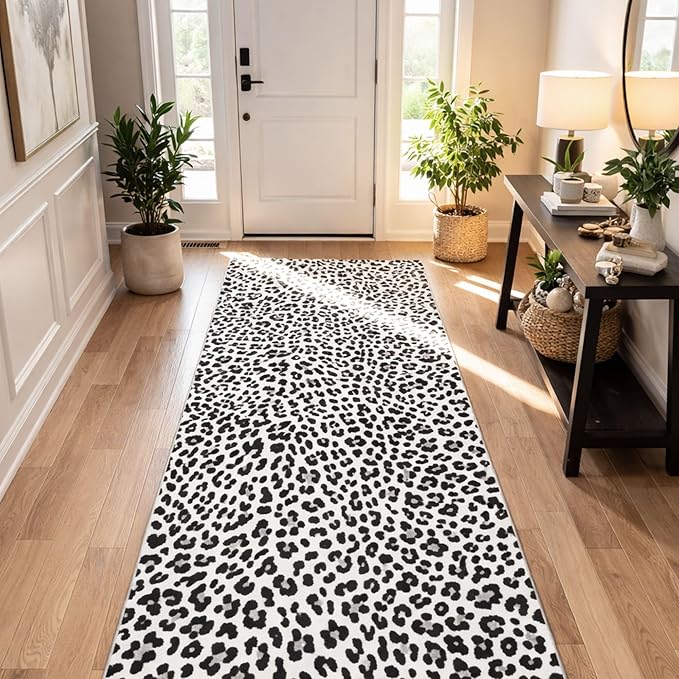 Ottomanson Aisle Runner Rug 2'7" x 36' – Soft Non-Slip Rug, Low Pile Carpet for Hallways, Events, Churches & Extra-Long Indoor Spaces, Leopard Print Black & White
