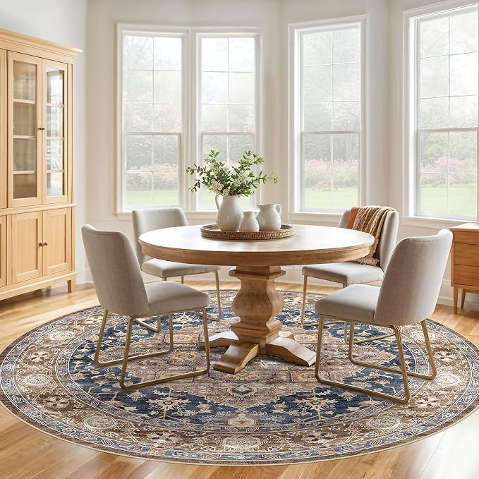 Round Rug Living Room Rugs: 8x8 Washable Boho Neutral Large Circle Soft Indoor Floral Stain Resistant Floor Farmhouse Carpet for Bedroom Nursery Kids Playroom Office Dining Room Dorm- Yellow Blue