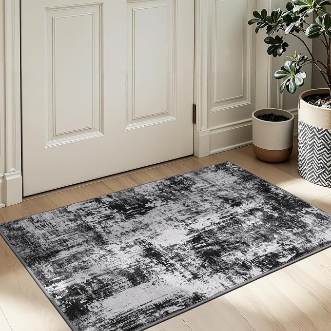 Rugflix 3x5 Entrance Rugs, Entry Rug Washable Non-Slip Stain-Resistant Low Pile, Small Modern Dark Carpet for Living Room Bedroom Indoor, Black Grey