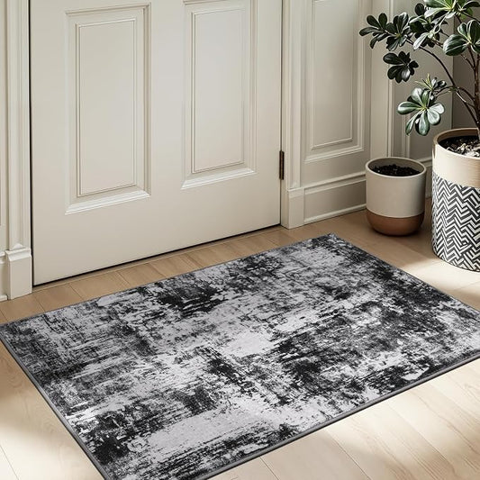 Rugflix 3x5 Entrance Rugs, Entry Rug Washable Non-Slip Stain-Resistant Low Pile, Small Modern Dark Carpet for Living Room Bedroom Indoor, Black Grey