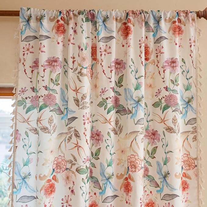 OYX Boho Floral Curtains 84 Inch, Linen Farmhouse Flower Drapes with Lace & Tassels, Light Filtering Semi Sheer Curtains for Living Room Bedroom, 2 Panels