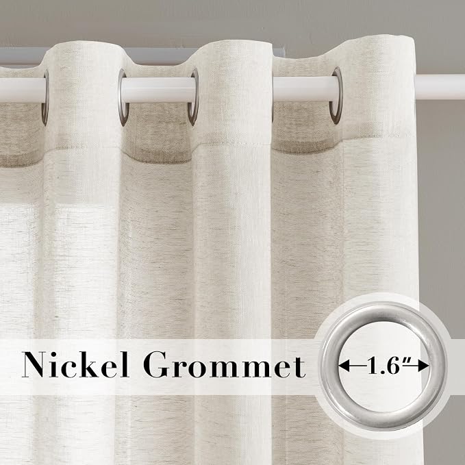 H.VERSAILTEX Linen Curtains Flax Linen Blended Curtain Panels for Living Room/Bedroom Semi Sheer Privacy Curtains 120 inch Length 2 Panels Set Nickel Grommet Window Drapes, Ivory