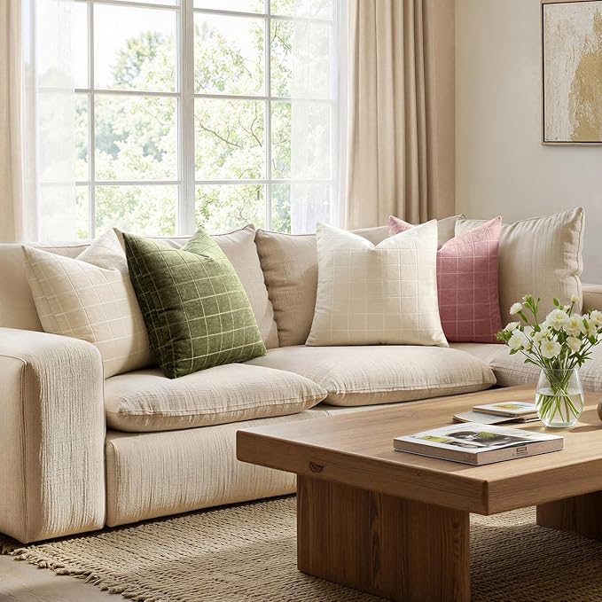 MIULEE Olive Green Plaid Decorative Throw Pillow Covers 20x20 Set of 2 | Vintage Check Chenille Couch Pillows Neutral Boho Farmhouse Cushion Covers Modern Home Decor for Sofa Bed Living Room