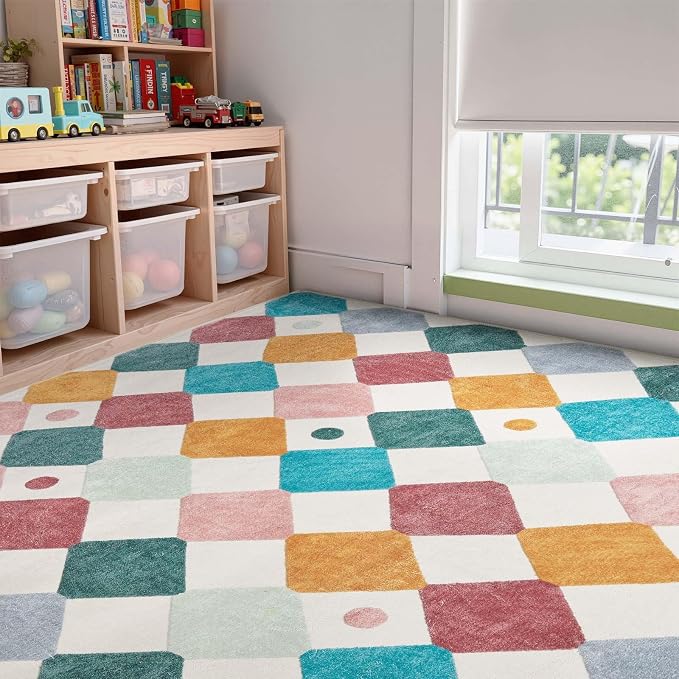 jinchan Macy 8x10 Kids Area Rug for Classroom Modern Colorful Nursery Rug Checkered Diamond Play Mat Washable Soft Non Slip Carpet for Playroom Living Room Bedroom Daycare Confetti on Cream