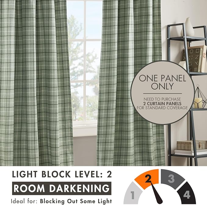 Madison Park Anaheim Cabin Plaid Curtain Window, Thermal Insulated Fleece Lining, Living Room Decor Room Darkening Drape for Bedroom, 1-Single Panel Pack, 50x84 Faux Leather Tab Top, Green