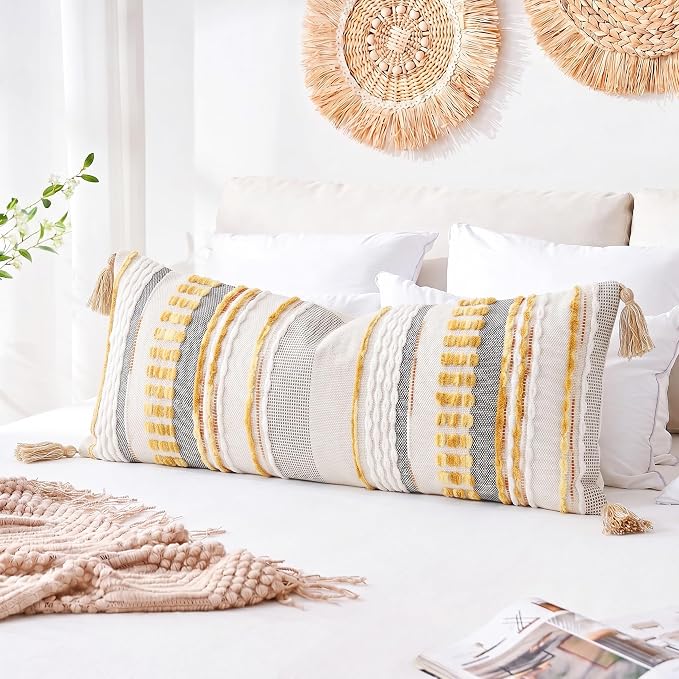 NUYECY Chenille and Cotton Long Pillow for Bed, Striped Textured Boho Lumbar Throw Pillow Cover 14x36, Neutral Accent Decorative Extra Long Body Pillow Case for Couch, Sofa, Bedroom, Yellow