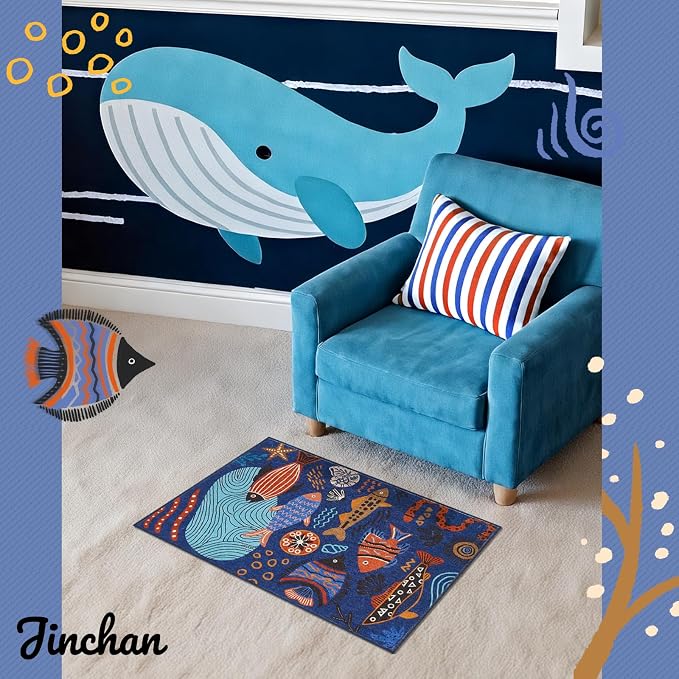 jinchan 2x3 Coastal Area Rug Kids Washable Fun Rug Colorful Ocean Fish Small Mat Non Slip Doormat Lightweight Soft Cozy Throw Carpet for Entryway Nursery Playroom Bedside Dorm Bathroom, Blue