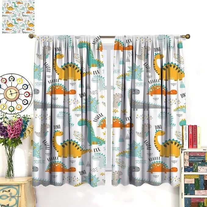 YCness Dinosaur Curtains for Boys Girls Children Nursery Playroom Room Decor Cute Cartoon Dino Art Printed Window Drapes Decor Fabric Set 2 Panel. 42x45 Inch 80% Shading Rate