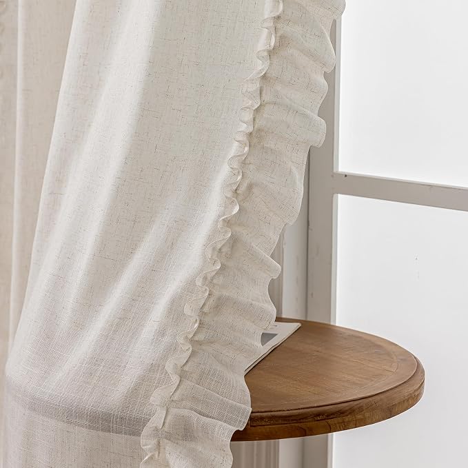 TERLYTEX Linen Ruffle Curtains 96 Inches Long 2 Panels, 42 x 96 Inch, Farmhouse Ruffled Curtains for Living Room Rod Pocket Light Filtering Privacy Semi Sheer Cottagecore Flowy Window Curtain Drapes
