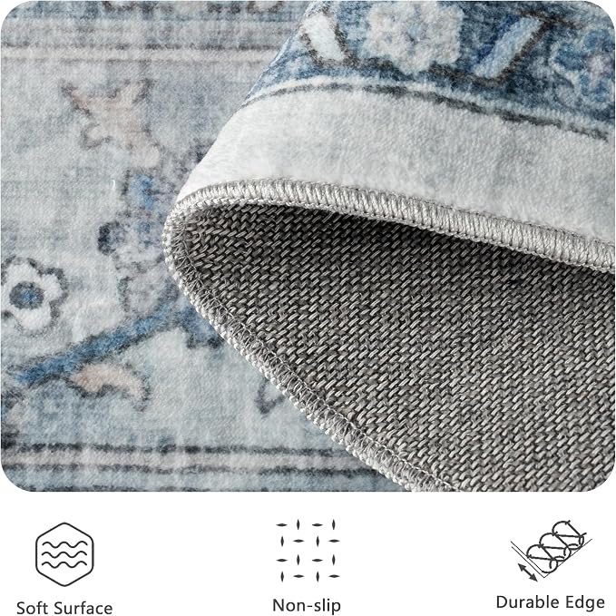 6x9 Area Rugs - Washable Rug Vintage Distress Boho Medallion Rugs for Living Room, Soft Non-Slip Backing Low Pile Carpet for Bedroom Dining Room Office Nursery Dorm Home, Blue Grey Purple