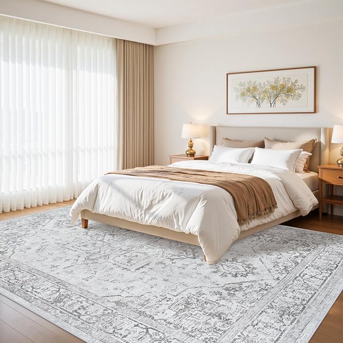 9x12 Area Rugs for Living Room:Gray Washable Vintage Medallion Rug Non-Slip Soft Low Pile Large Rugs Indoor Retro Carpet for Bedroom Kitchen Nursery Dining Table Office (Gray, 9'x12')