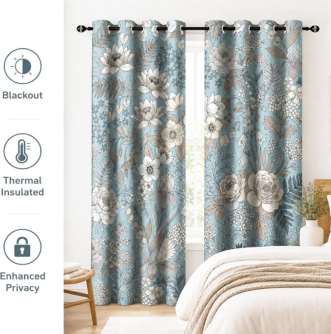 Boho Blue Floral Blackout Curtains for Bedroom, Vintage Botanical Flower Drapes Mid Century Window Curtains Darkening Thermal Insulated Grommet for Living Room Bedroom Decor 2 Panels 52x84 Inches