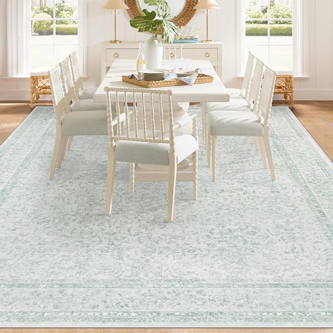 9x12 Area Rugs for Living Room: Washable Large Vintage Floral Rug Low Pile Non-Slip Boho Carpet for Bedroom Home Office Dining Room (Green, 9'x12')