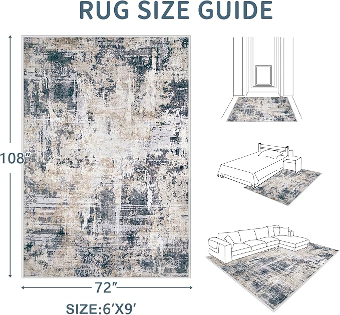 Area Rugs 6x9 Living Room: Washable Rug Modern Abstract Large Rugs Soft Non Slip Neutral Rug Stain Resistant Indoor Carpet for Bedroom Kitchen Dining Room Nursery Home Office Rugs(Black Brown,6'x9')