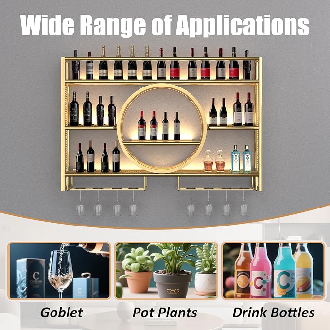 Metal Wine Rack Wall Mounted with LED Light, 3-Tier Bar Liquor Shelf with Wine Glass Holder, Modern Large Capacity Liquor Bottle Display Storage Shelf for Home Bar, Dining Room(Gold, 140 * 80 * 15)