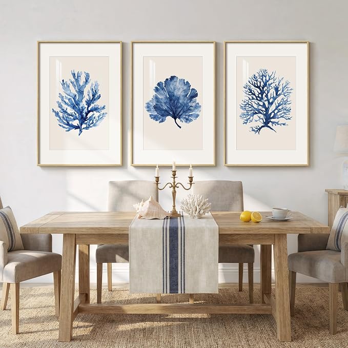 Large Framed Blue Coastal Coral Wall Art for Living Room, 3 Piece Nautical Ocean Pictures Artwork for Walls, Beach Modern Minimalist Watercolor Prints for Bedroom Dining Room Wall Decor, 24x36 Inch